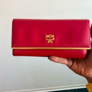 MCM Scarlet Red Clutch with Gold Accents